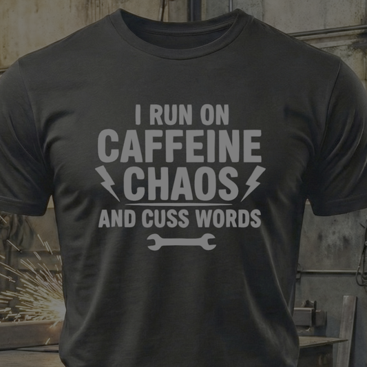 I Run on Caffeine, Chaos & Cuss Words – Mechanic Fuel Tee